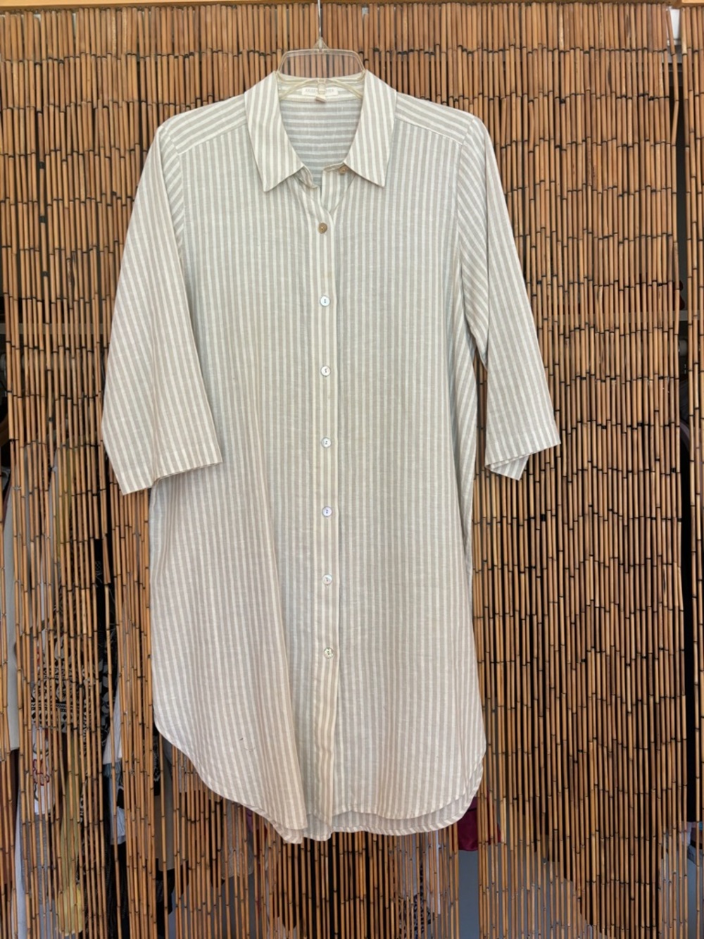 Eileen Fisher Cream and White Striped Longline Button Shirt Dress